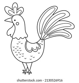 Vector black and white rooster icon. Cute cartoon cockerel illustration for kids. Line farm bird isolated on white background. Animal picture or coloring page for children
