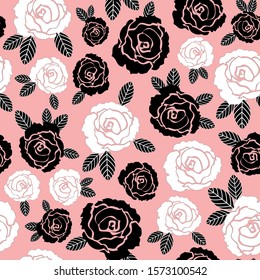 Vector Black and white rose flowers seamless pattern on pink background