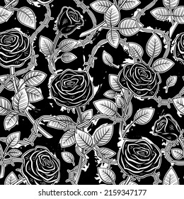 Vektor-Schwarz-Weiß-Rosen Nahtloses Muster