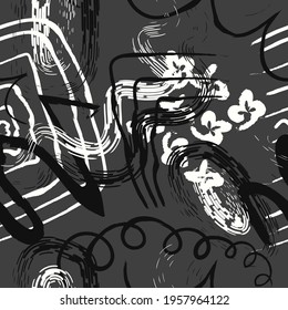 vector black and white rough ethnic freeform brush stroke lines overlapped seamless pattern on dark grey