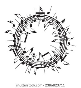 vector black and white round background with staves and music notes. abstract illustration of classical music note symbols