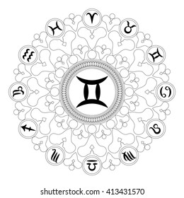 vector black and white round geometric mandala with zodiac symbol of gemini - adult coloring book page