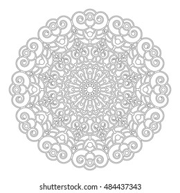 vector black and white round geometric floral  mandala with spirals - adult coloring book page