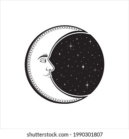 Vector black and white round illustration with a boho moon. Isolated tattoo sketch with mystic crescent with a face and stars