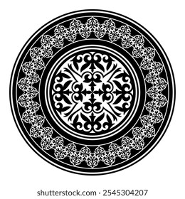 Vector black and white round Kazakh national ornament. Ethnic pattern of the peoples of the Great Steppe, Kazakh, Mongols, Kyrgyz, Kalmyks, Buryats. circle, frame border. For sandblaster, ceramic