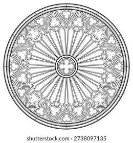 Vector black and white round ornament. Gothic style stained glass window frame. Symmetric geometric pattern for coloring book, tattoo, or laser cutting. Isolated on white background