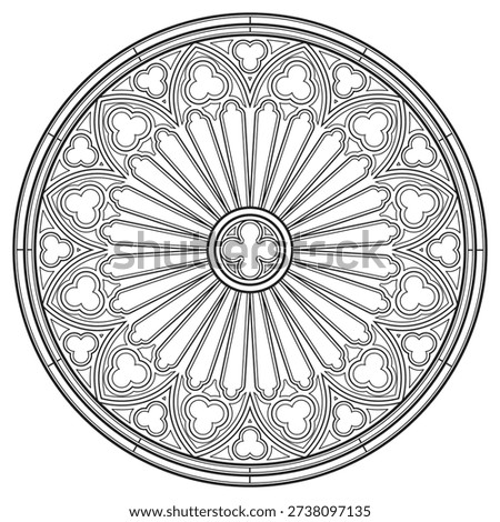 Vector black and white round ornament. Gothic style stained glass window frame. Symmetric geometric pattern for coloring book, tattoo, or laser cutting. Isolated on white background