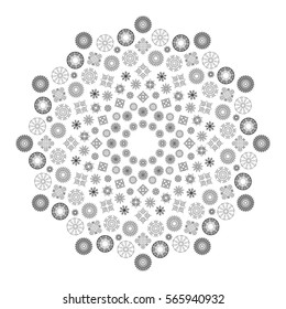vector black and white round winter mandala with snowflakes - adult coloring book page