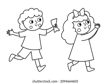 Vector black and white running little boy with ticket in hand and girl clapping hands. Outline kids looking forward to see show or play. Spectators line icon or coloring page
