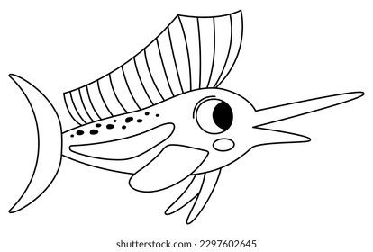 Vector black and white sailfish icon. Under the sea line illustration with cute funny fish with long nose. Ocean animal clipart. Cartoon underwater or marine clip art or coloring page for children
