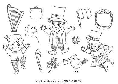 Vector black and white Saint Patrick Day symbols. National Irish holiday line icons pack. Cute funny leprechaun, shamrock, harp, flag outline illustration or coloring page.
