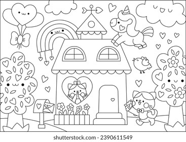 Escena vectorial del día de San Valentín en blanco y negro con familia de gatos, unicornio, arcoiris, casa. Cute kawaii esquema ilustración con concepto de amor. Paisaje de jardín con corazones. Página de coloreado para niños
