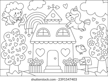 Vector black and white Saint Valentine day scene with cupid, unicorn, rainbow, house. Cute kawaii line illustration with love concept. Garden landscape with hearts. Coloring page for kids
