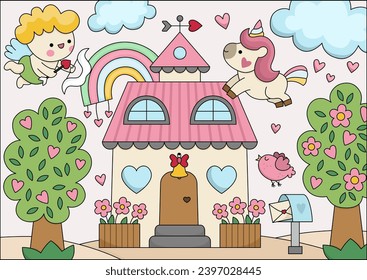 Vector black and white Saint Valentine day scene with cupid, unicorn, rainbow, house. Cute kawaii colored outlined illustration with love concept. Garden landscape with hearts for kids
