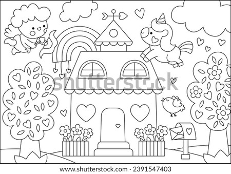 Vector black and white Saint Valentine day scene with cupid, unicorn, rainbow, house. Cute kawaii line illustration with love concept. Garden landscape with hearts. Coloring page for kids
