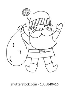 Vector de Santa Claus negro y blanco con saco. Cuto invierno Padre Escarcha ilustración aislado en fondo blanco. Personaje para Navidad, Año Nuevo o diseño invernal. Icono de línea divertida
