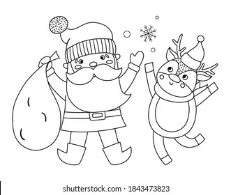 Vector black and white Santa Claus with sack, deer and snowflakes. Cute winter Father Frost illustration isolated on white background. Character for Christmas, New Year or winter design. Funny icon