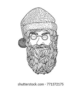 Vector Black and White Santa Claus head. Vector illustration portrait. Line art.