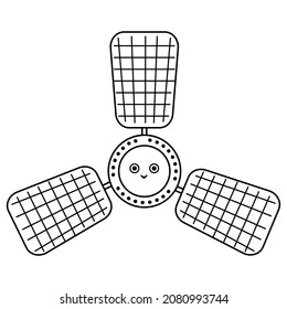 Vector black and white satellite illustration for children. Outline smiling technics icon isolated on white background. Space exploration coloring page for kids.  
