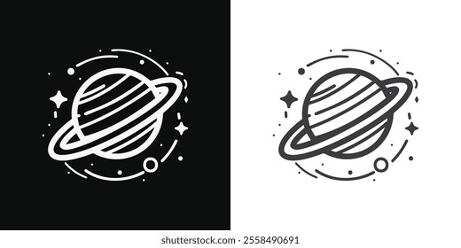 Vector Black and White Saturn Icon with Rings and Stars