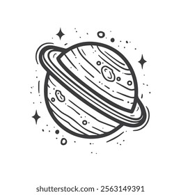 Vector Black and White Saturn Planet Icon with Rings and Stars