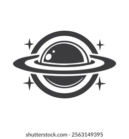 Vector Black and White Saturn Planet Icon with Rings and Stars