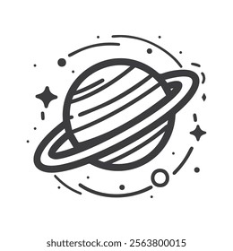 Vector Black and White Saturn Planet Icon with Rings and Stars