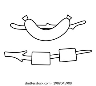 Vector black and white sausage and marshmallow on tree twig icon. Summer outdoor grill food line illustration. Campfire fast food for outdoor eating isolated on white background
