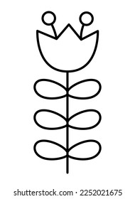 Vector black and white Scandinavian style tulip icon. First blooming plant illustration or coloring page. Floral clipart. Cute line cartoon spring flower isolated on white background.
