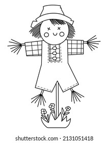 Vector black and white scarecrow isolated on white background. Outline spring garden bugaboo illustration. Gardening equipment line icon. Farm scary puppet on pole coloring page
