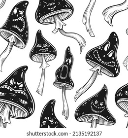 Vector Black and White Scary Mushrooms Seamless Pattern