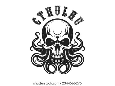 Vector black and white scary skull with octopus tentacles. Monochrome tattoo. Inscription, Cthulhu. White isolated background.