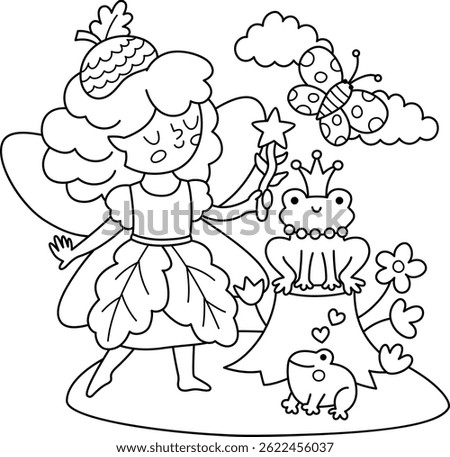 Vector black and white scene with acorn fairy, frog prince, butterfly. Line composition with girl. Cute scenery with magic princess with meadow. Fantasy scene illustration, coloring page
