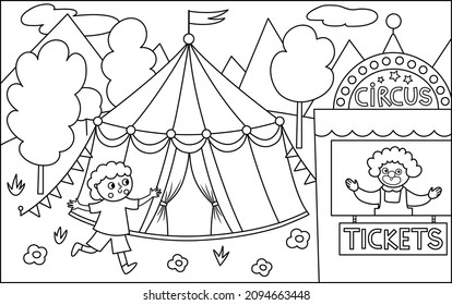 Vector black and white scene with circus marquee, boy running to the ticket box with clown. Street show line background. Cute festival illustration. Amusement park coloring page
