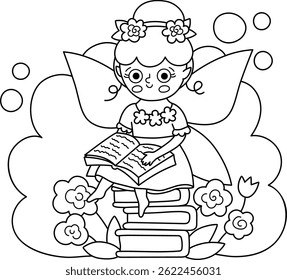 Vector black and white scene with flower fairy sitting on book pile, reading. Line composition with girl. Cute scenery with magic princess. Fantasy fairytale illustration, coloring page