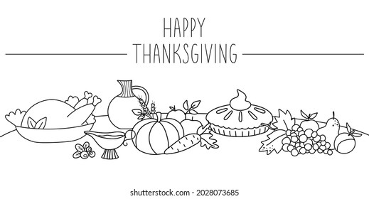 Vector black and white scene with traditional Thanksgiving or Christmas desserts and dishes on a table. Autumn line holiday festive meal illustration. Fall food collection with turkey, pumpkin pie
