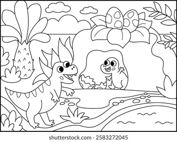 Vector black and white scene with Tyrannosaurus Rex going to cave. Dinosaur line landscape illustration. Cute prehistoric coloring page with T-rex and baby. Funny mother, child dino scenery for kids
