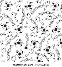 Moléculas vectoriales de ciencia en blanco y negro, fondo de patrón transparente de vidrio de aumento