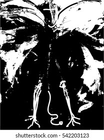 Vector black and white scratched, grunge illustration of demonic figure, 