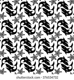 Vector black and white sea creatures seamless pattern
