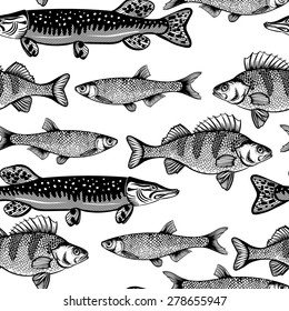 Vector Black and White Sea Fish Seamless Pattern