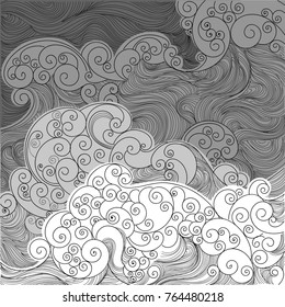 
vector black and white sea, ocean, raging waves