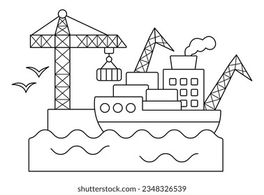 Vector black and white sea port icon. Marine harbor terminal line clipart with lifting cranes, cargo, barge. Seaport illustration or coloring page. City transportation place
