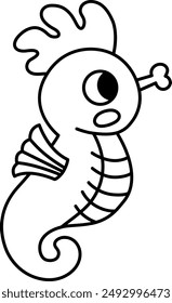 Vector black and white seahorse icon. Under the sea line illustration with cute funny fish. Ocean animal clipart. Cartoon underwater, marine clip art or coloring page for children. Sea horse picture
