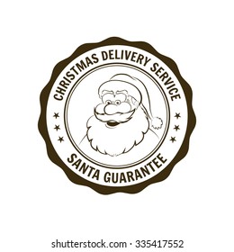 Vector black and white seal with Santa Claus label on white background. "CHRISTMAS DELIVERY SERVICE - SANTA GUARANTEE" texts.  Isolated black and white image on white background.