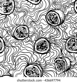 Vector black and white seamless background with passion fruit. Can be used for wallpaper, pattern fills, web page, surface textures, textile print, wrapping paper. Coloring book for kids, adults.