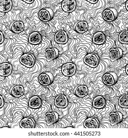 Vector black and white seamless background with passion fruit. Can be used for wallpaper, pattern fills, web page, surface textures, textile print, wrapping paper. Coloring book for kids, adults.