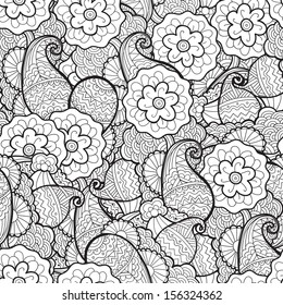 Vector black and white seamless floral pattern. Copy that square to the side,you'll get seamlessly tiling pattern. Floral background, can be used for decarationg cards, brochures
