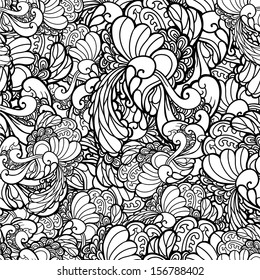 Vector black and white seamless floral pattern. Copy that square to the side,you'll get seamlessly tiling pattern. Floral background, can be used for decorationg cards, brochures, web