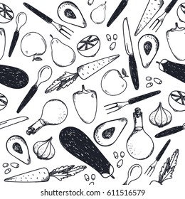 Vector Black And White Seamless Food Pattern. Vegetables, Forks, Knifes, Spoons And Oil Background